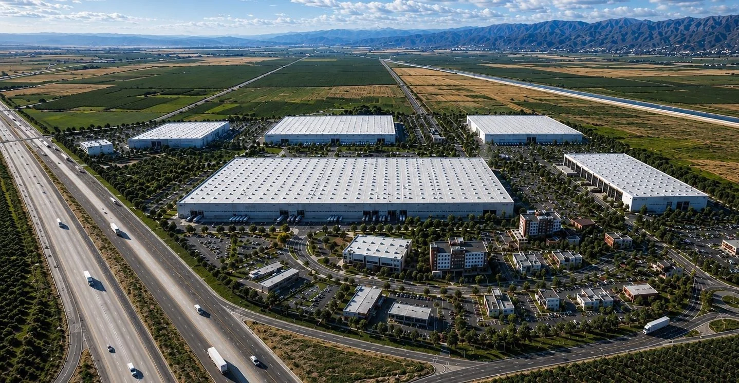 Conceptual aerial rendering of the proposed Jackson Ranch campus beside Interstate 5