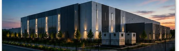 Conceptual rendering of a data center building at dusk, with perimeter fencing and external plant