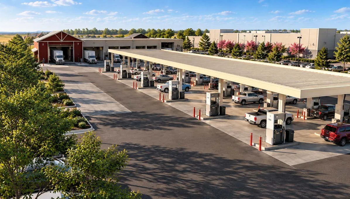 Conceptual rendering of a fuel and EV charging canopy with pickup trucks at the pumps
