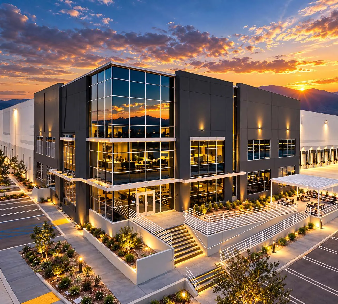 Conceptual rendering of an industrial building's two-storey glass office front at dusk, with landscaped entry stairs and an outdoor terrace