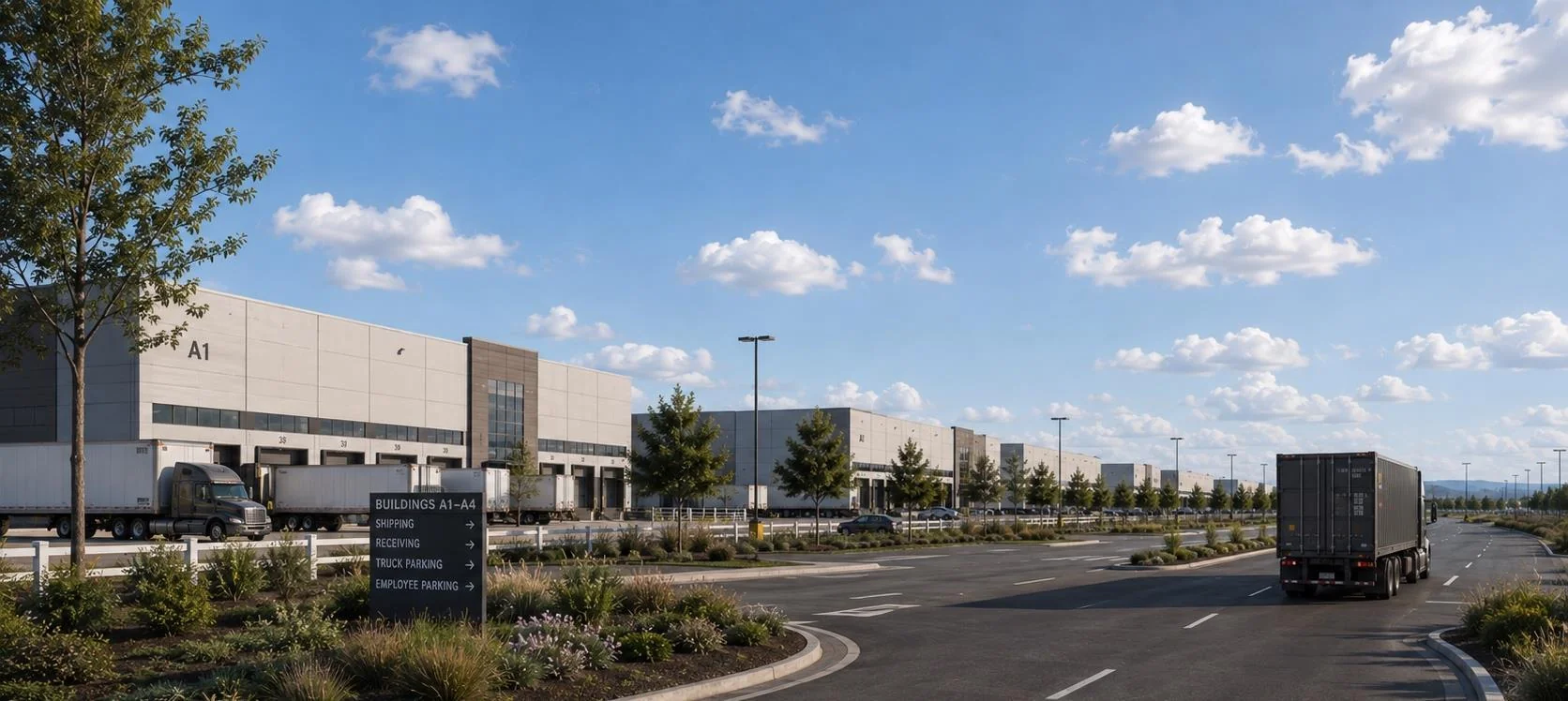Conceptual industrial facility at Jackson Ranch, with loading docks, truck access and landscaped frontage