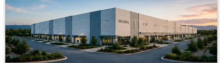 Conceptual rendering of a large industrial building with loading bays and landscaped parking