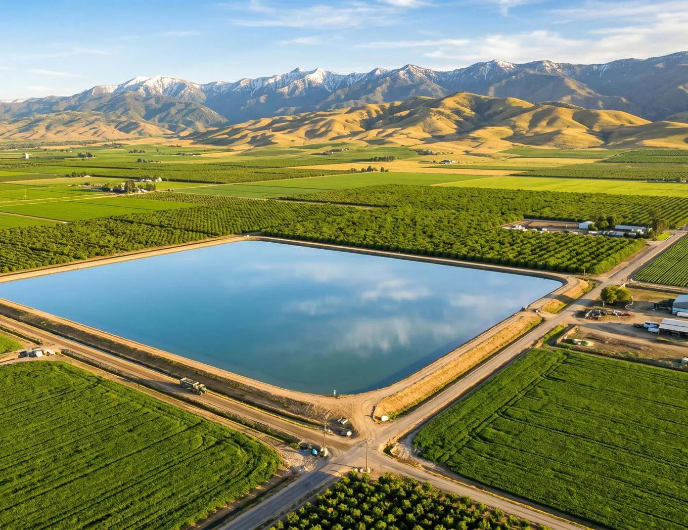 Farmland, orchards and an irrigation reservoir on the Central San Joaquin Valley floor, with hills behind