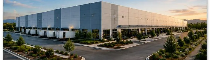 Conceptual rendering of a distribution building with a row of dock doors and truck court