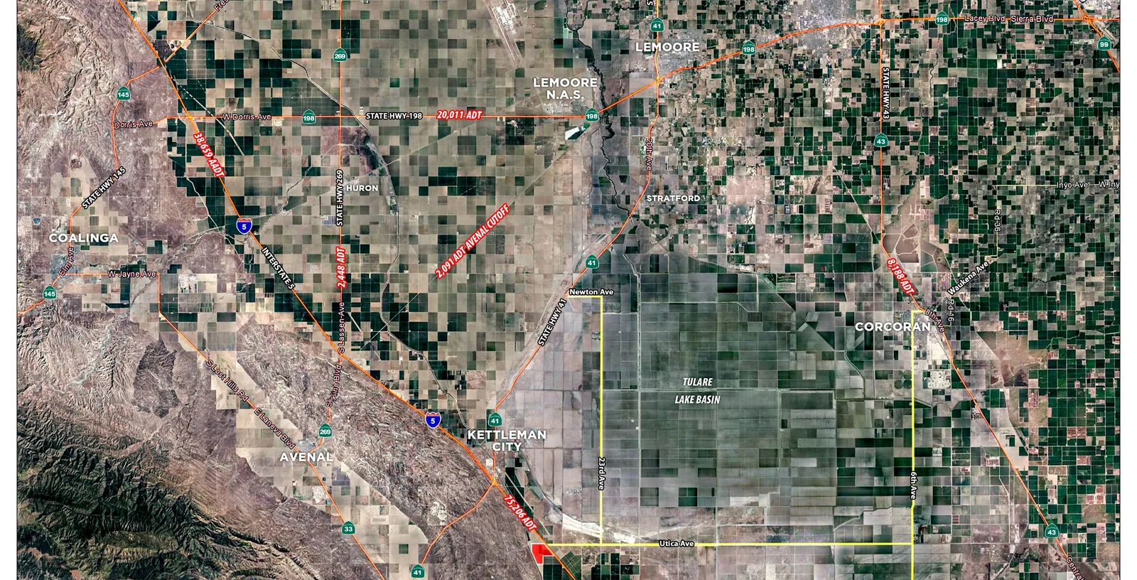Regional aerial of Kings County showing the property at Interstate 5 and Utica Avenue, with Kettleman City, Avenal, Coalinga, Lemoore, Hanford and Corcoran, and average daily traffic counts on the surrounding highways