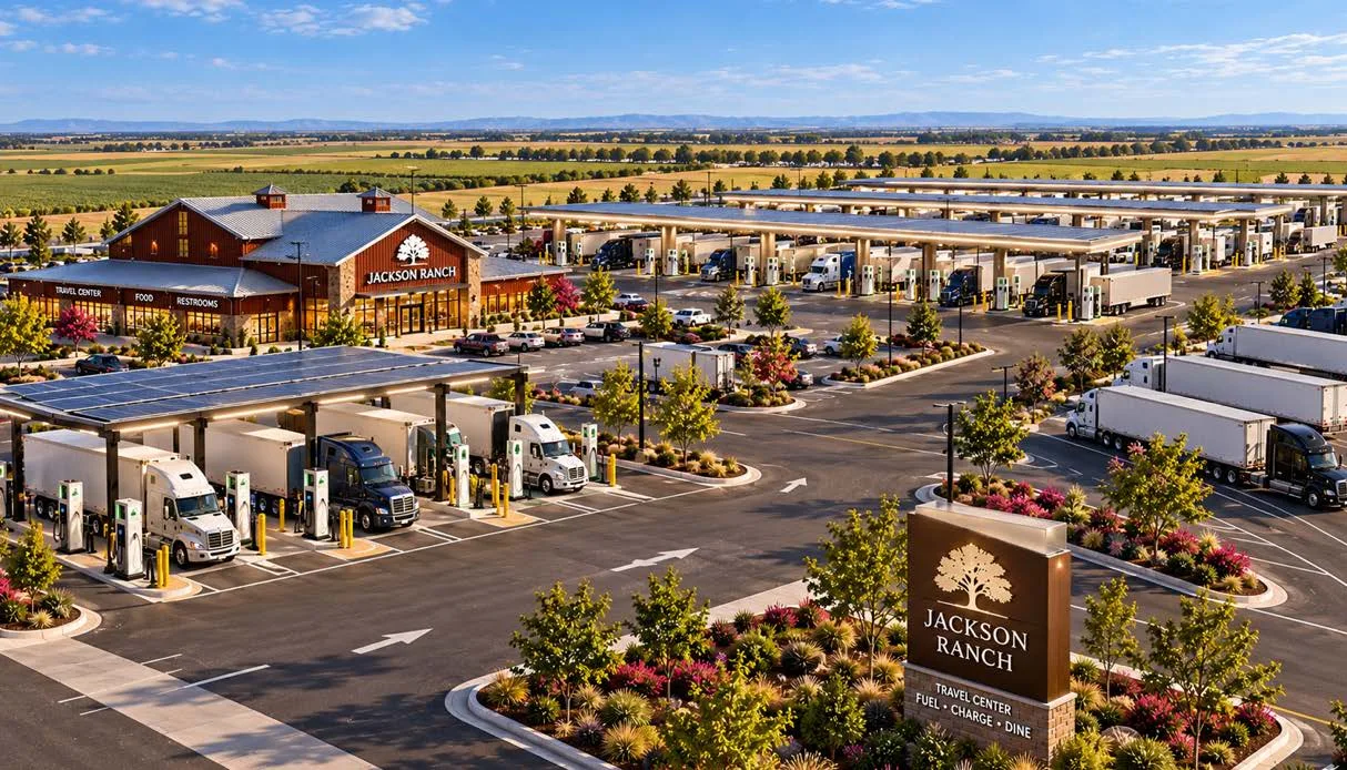 Conceptual rendering of the travel center: fuel canopies with solar panels, trucks at the pumps, a barn-style building and a Jackson Ranch monument sign